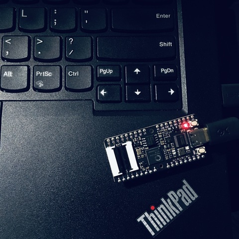 A Sipeed MAix BiT RISC-V board sitting on a Thinkpad for scale.